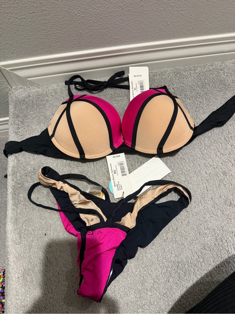 Beach Bunny Swim NWT Colorblock Pink & Nude Bikini Set with Black Trim